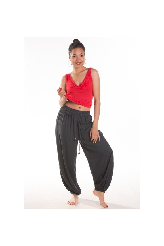 Pantalón globo largo unisex de viscosa, cintura ajustable y estilo bohemio.