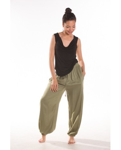 Pantalón globo largo unisex de viscosa, cintura ajustable y estilo bohemio.