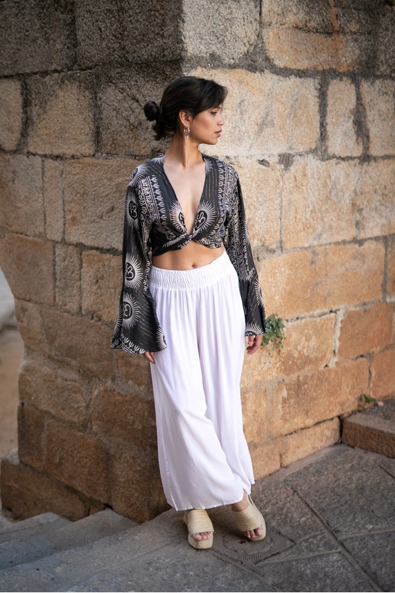 Pantalón viscosa liso ancho cintura elástica
