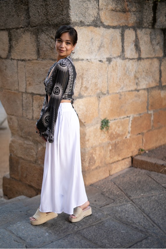 Pantalón viscosa liso ancho cintura elástica