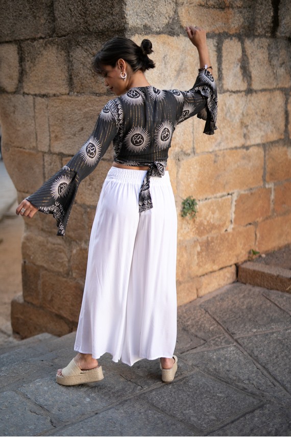 Pantalón viscosa liso ancho cintura elástica