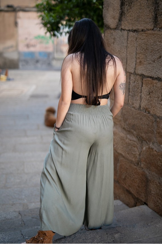 Pantalón viscosa liso ancho cintura elástica