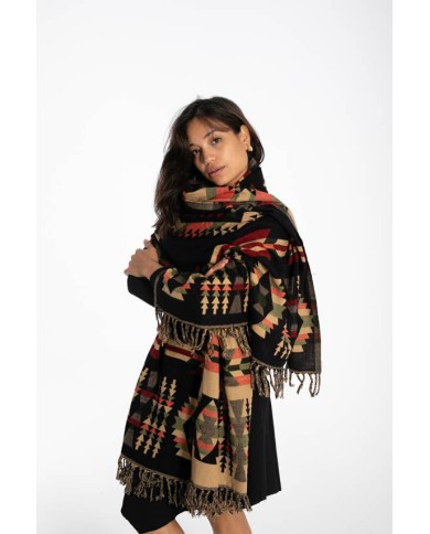 Chal Jacquart Geométrico Flecos Chal Jacquart Geométrico Flecos