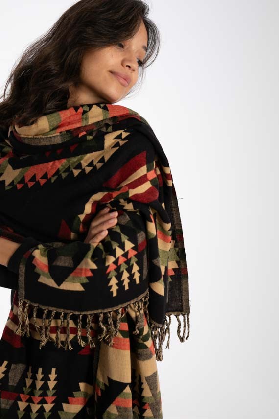 Chal Jacquart Geométrico Flecos Chal Jacquart Geométrico Flecos