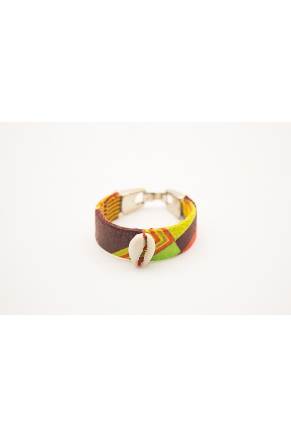 Pulsera Cuero Forrada Tela Wax Africana Concha Cauri Kenema