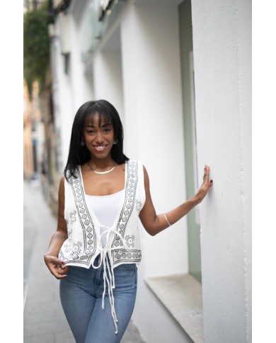 Chaleco algodón orgánico blanco estampado boho Chaleco algodón orgánico blanco estampado boho