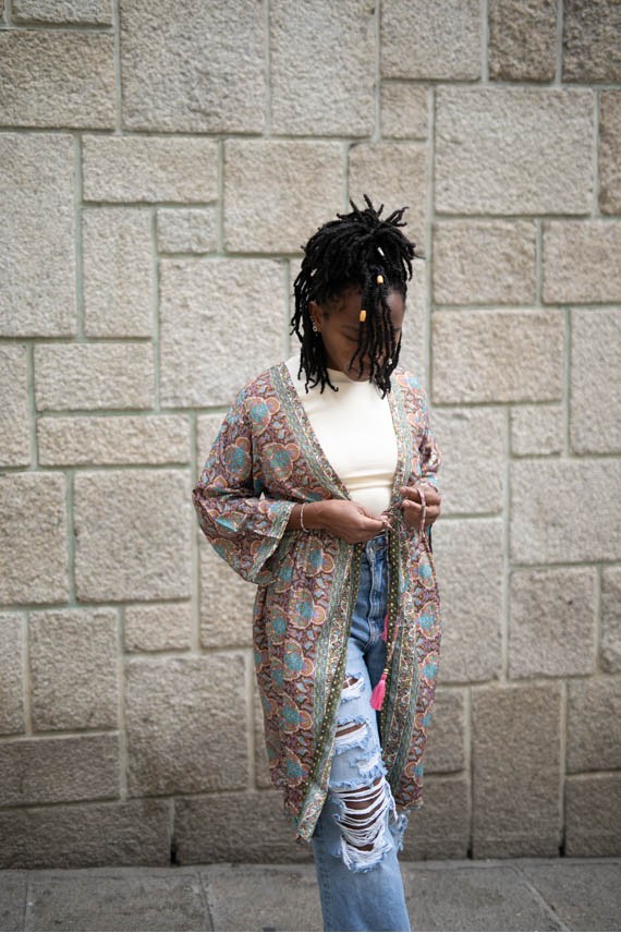 Kimono Seda Sari Cielo India Gold