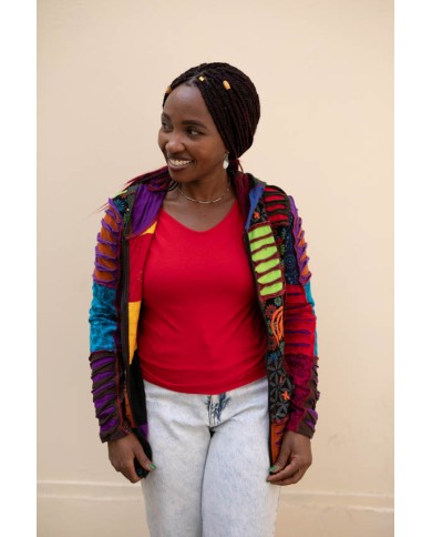 Chaqueta bohemia de algodón con capucha, cremallera y bolsillos.