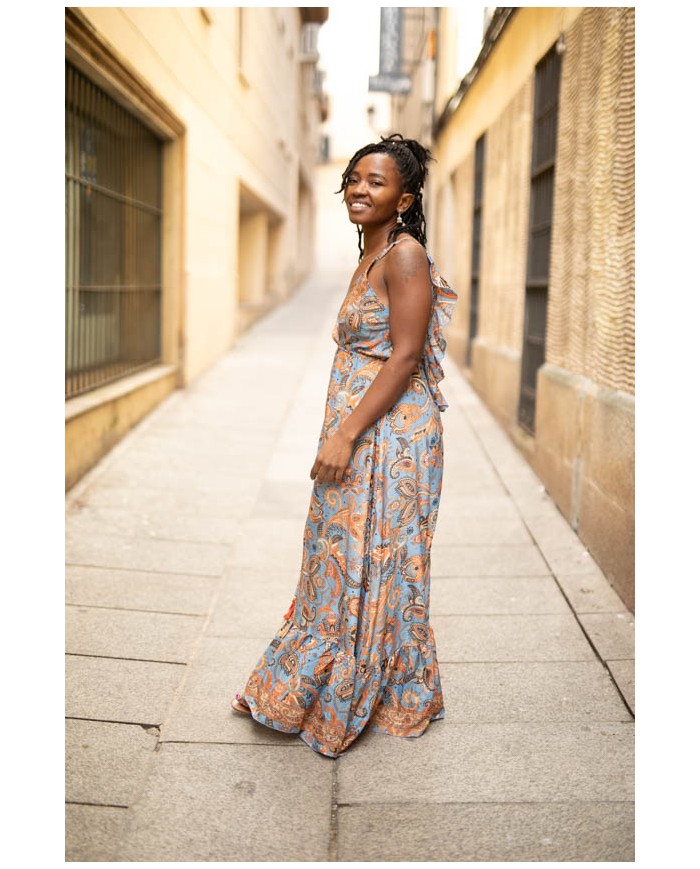 Vestido Floral Azul Vestido De Seda Pura Estampado Vestido Midi De - Main Image