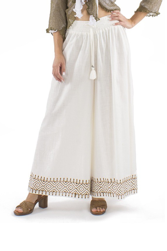 Pantalón ancho Algodón crudo Bordado étnico