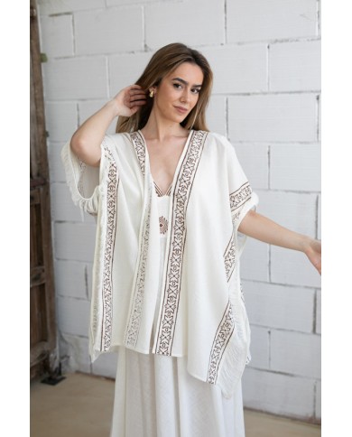 Kimono rústico algodón con bordado ajourée