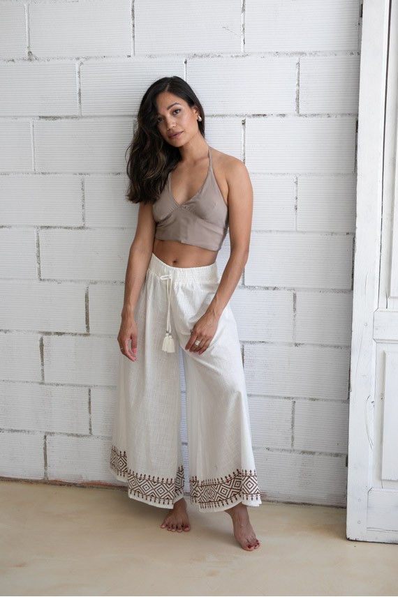 Pantalón ancho Algodón crudo Bordado étnico