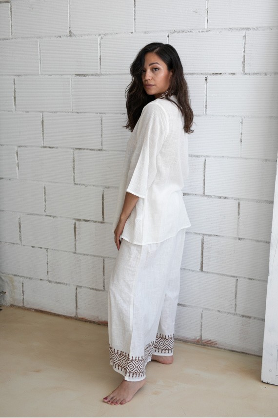 Pantalón ancho Algodón crudo Bordado étnico