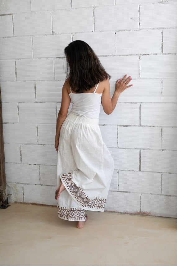 Pantalón ancho Algodón crudo Bordado étnico