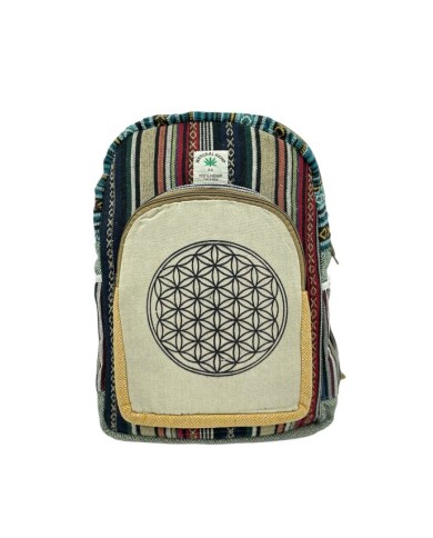 Mochila de cáñamo con símbolo de la Flor de la Vida y estampado étnico, con cierre de cremallera y asas ajustables Mochila de cáñamo con símbolo de la Flor de la Vida y estampado étnico, con cierre de cremallera y asas ajustables