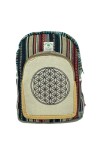 Mochila de cáñamo con símbolo de la Flor de la Vida y estampado étnico, con cierre de cremallera y asas ajustables