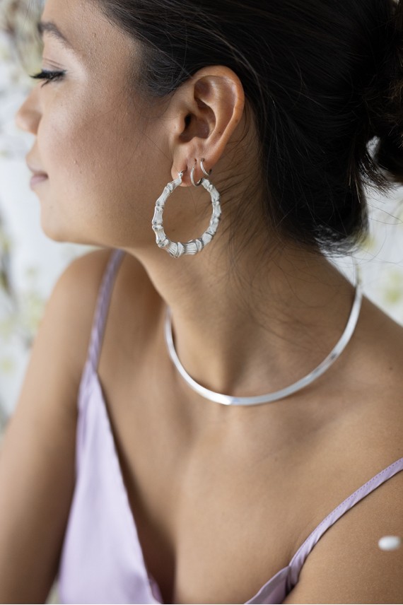 Pendientes de aro en plata de ley con diseño bambú, textura natural, cierre italiano.Estilo boho Samarkanda. Pendientes de aro en plata de ley con diseño bambú, textura natural, cierre italiano.Estilo boho Samarkanda.