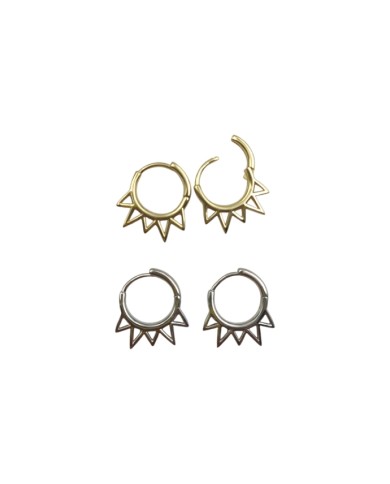 Pendientes aro Soleil en plata de ley con picos geométricos, diseño boho, cierre segmentado, Samarkanda.