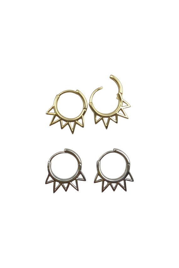 Pendientes aro Soleil en plata de ley con picos geométricos, diseño boho, cierre segmentado, Samarkanda.