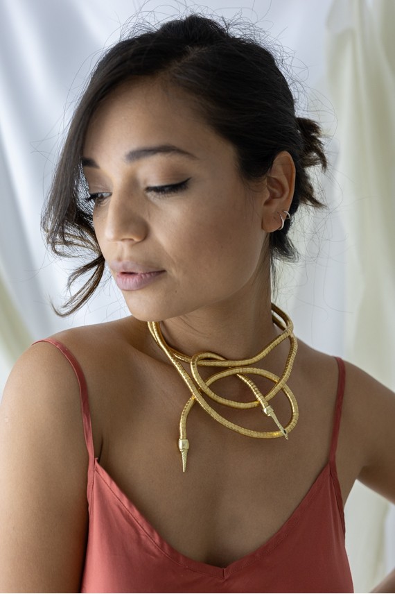 Collar serpiente dorado flexible multiposición, estilo boho chic, puede usarse como collar, pulsera o cinturón, Samarkanda. Collar serpiente dorado flexible multiposición, estilo boho chic, puede usarse como collar, pulsera o cinturón, Samarkanda.