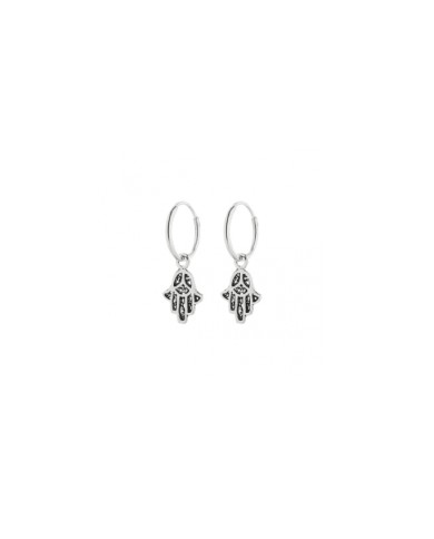 Pendientes aro de plata con Mano de Fátima calada, joya artesanal boho con simbolismo protector, Samarkanda.