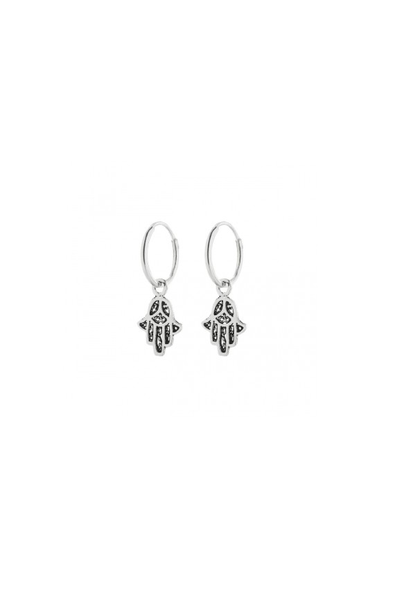 Pendientes aro de plata con Mano de Fátima calada, joya artesanal boho con simbolismo protector, Samarkanda. Pendientes aro de plata con Mano de Fátima calada, joya artesanal boho con simbolismo protector, Samarkanda.