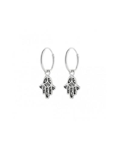Pendientes aro de plata con Mano de Fátima calada, joya artesanal boho con simbolismo protector, Samarkanda.