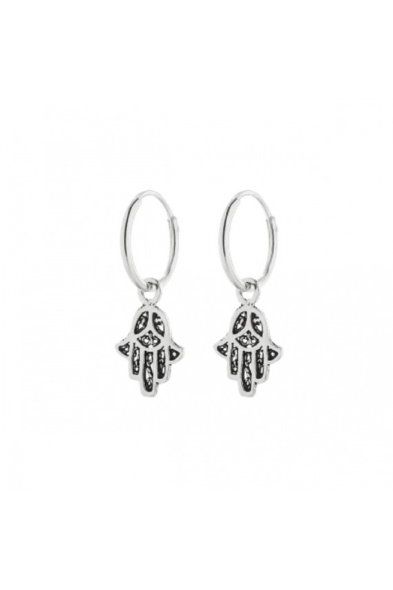 Pendientes aro de plata con Mano de Fátima calada, joya artesanal boho con simbolismo protector, Samarkanda. Pendientes aro de plata con Mano de Fátima calada, joya artesanal boho con simbolismo protector, Samarkanda.