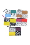 Monederos patchwork de piel reciclada con estampado animal print y colores vivos, diseño artesanal Samarkanda.