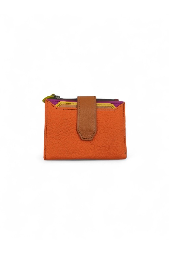 Cartera con tarjetero multicolor de piel reciclada con cierre de broche, diseño artesanal sostenible Soruka para Samarkanda.