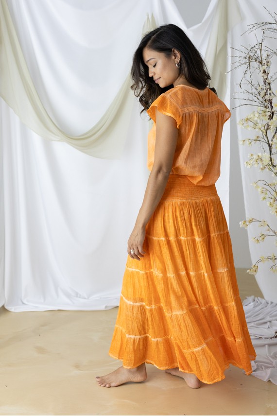 Falda Larga Velo Algodón volante sobretintada