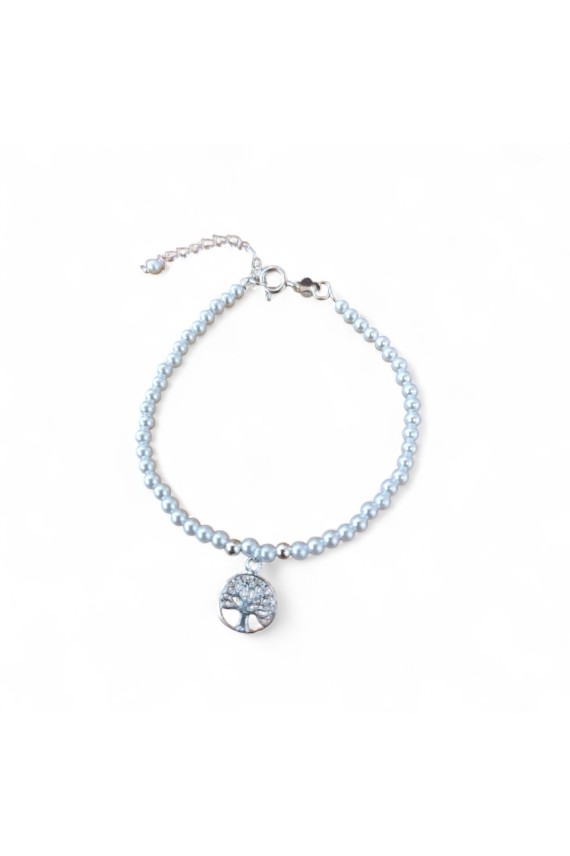 Pulsera en plata de ley con bolitas de perla y colgante Árbol de la Vida, símbolo de fuerza y crecimiento. Pulsera en plata de ley con bolitas de perla y colgante Árbol de la Vida, símbolo de fuerza y crecimiento.
