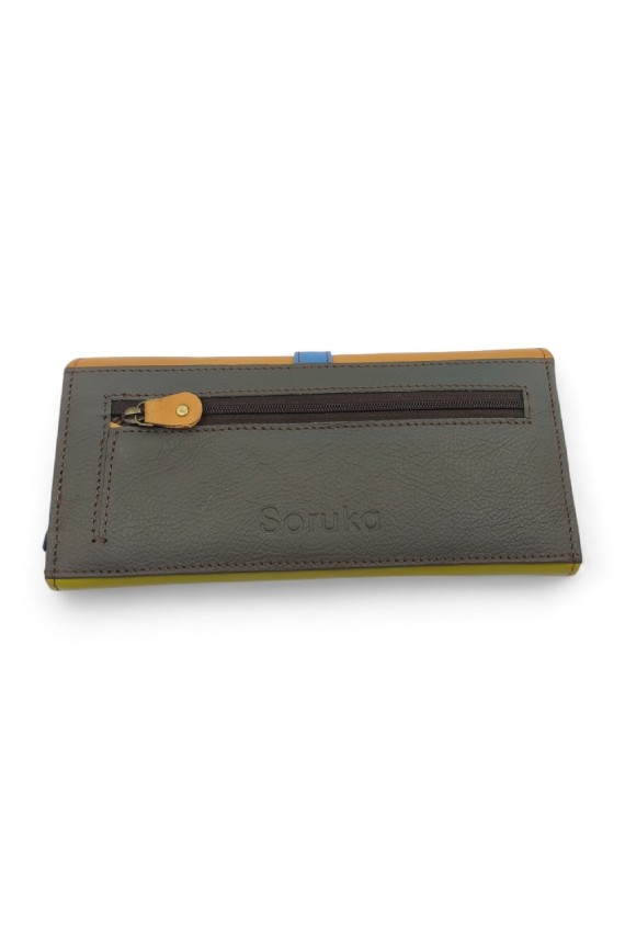 Cartera Soruka Half Moon de piel reciclada multicolor con cierre de solapa y cremallera, diseño sostenible hecho a mano.