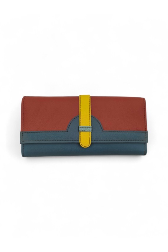 Cartera Soruka Half Moon de piel reciclada multicolor con cierre de solapa y cremallera, diseño sostenible hecho a mano.