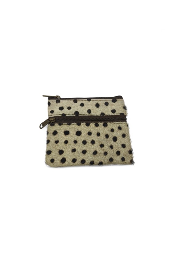 Monedero artesanal de piel reciclada con estampado de topitos y doble cremallera, marca Soruka.
