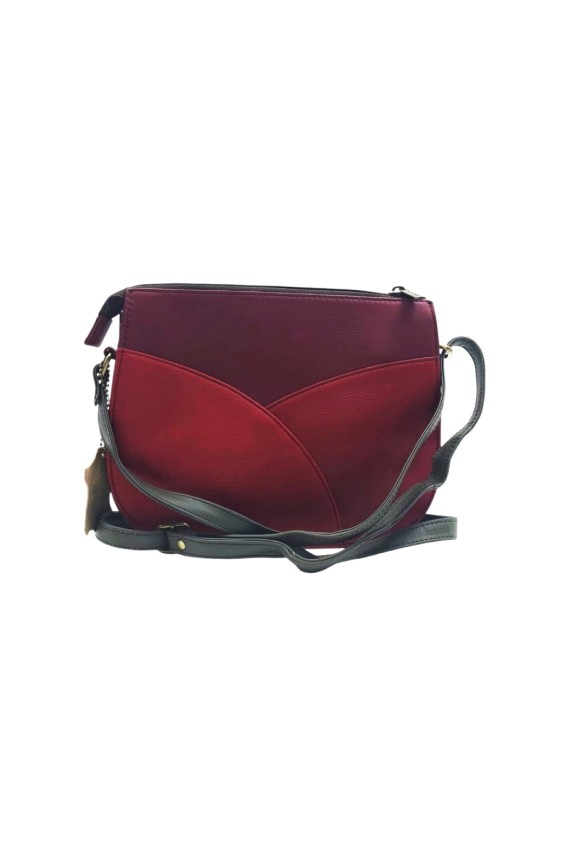 Bolso April Soruka reversible de piel reciclada, lado en patch cálido con animal print rayado y lado rojo burdeos