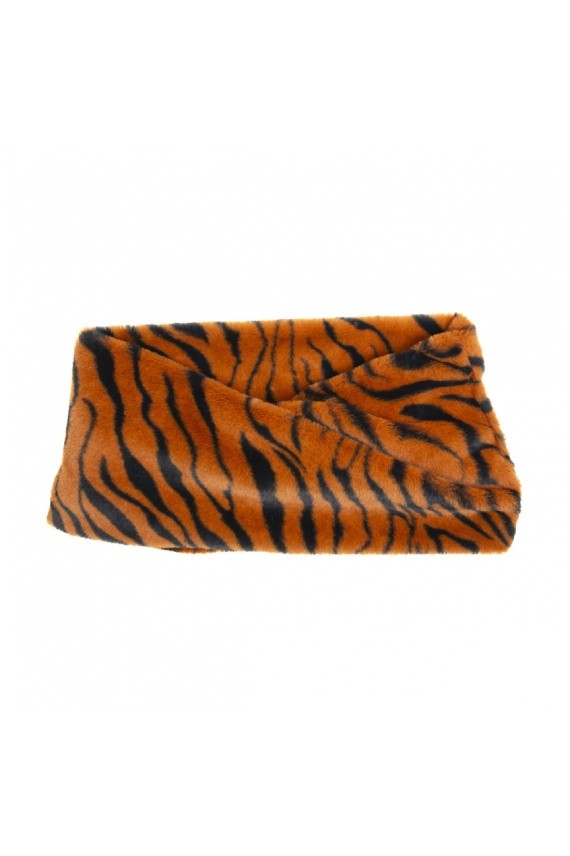 "Cuello de pelito con estampado animal print tipo tigre en imitación mutón, accesorio boho artesanal Samarkanda."