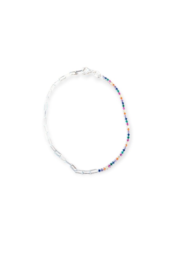 Pulsera de plata de ley con circonitas multicolor y cadena enlazada con cierre de mosquetón, joya artesanal Samarkanda.