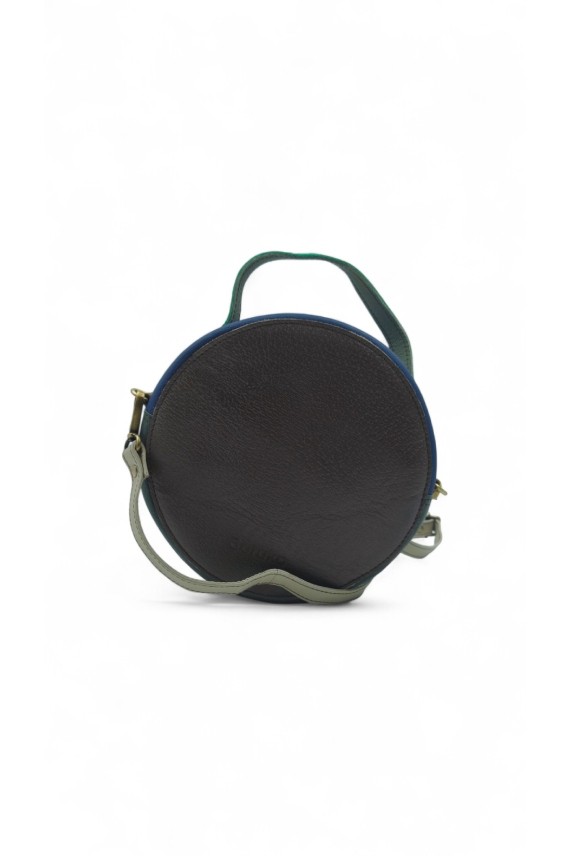 "Bolso Hera redondo de piel sostenible Soruka con diseño patch de colores y animal print, Samarkanda."