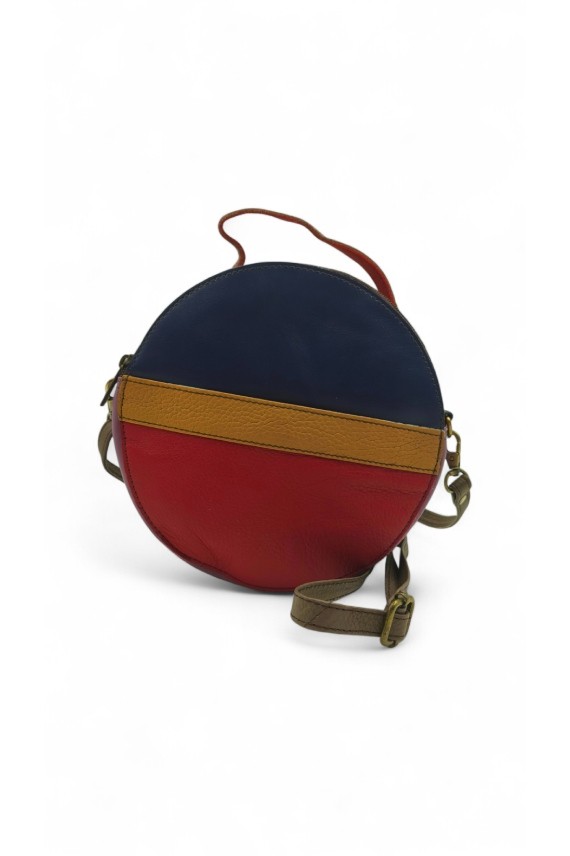 "Bolso Hera redondo multicolor de piel sostenible Soruka con tonos camel, rojo, azul y naranja,