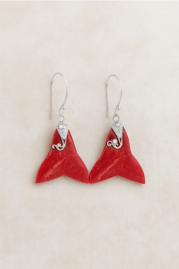 "Pendientes cola de sirena en coral rojo natural y Plata de Ley 925 con filigrana artesanal, joya Samarkanda."