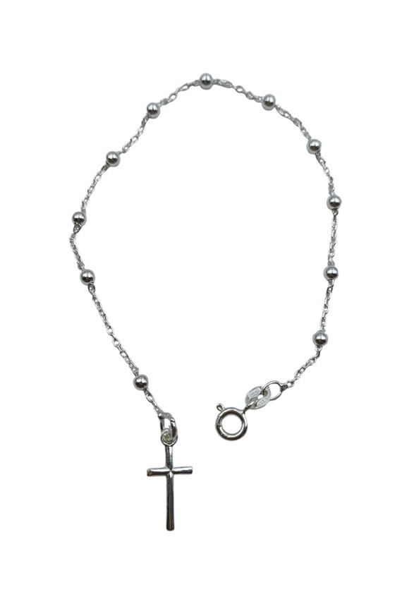 “Pulsera de plata fina con bolitas y cruz brillante central, diseño delicado Samarkanda.”