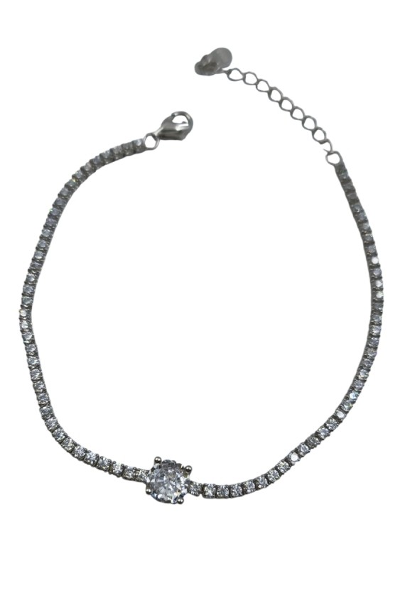 “Pulsera de plata con hilera de cristales brillantes y piedra central, diseño elegante Samarkanda.”