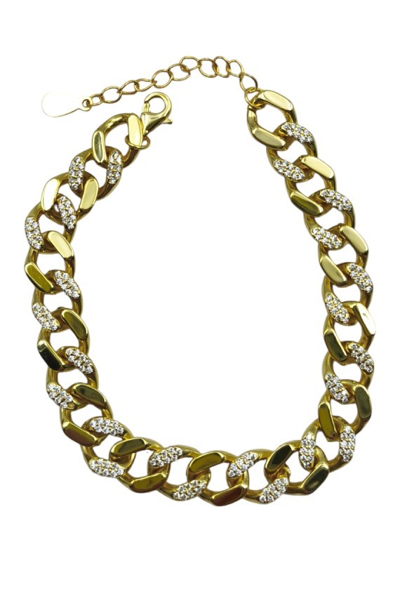 “Pulsera de eslabones grandes en plata dorada con incrustaciones brillantes, diseño moderno Samarkanda.”