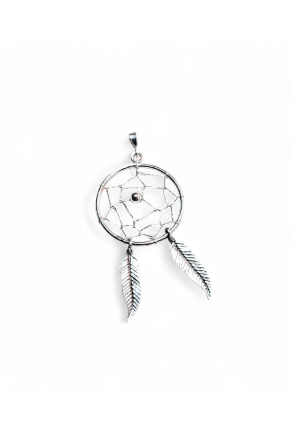 "Colgante de plata de ley con atrapasueños y dos plumas artesanales, diseño boho Samarkanda."