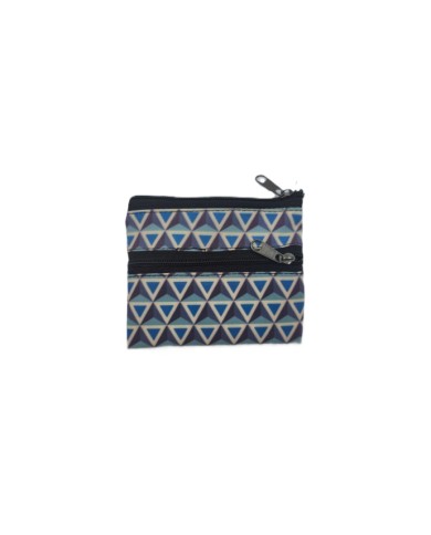 Monederos compactos de tela con estampado geométrico de triángulos en varios colores y diseño con doble cremallera.