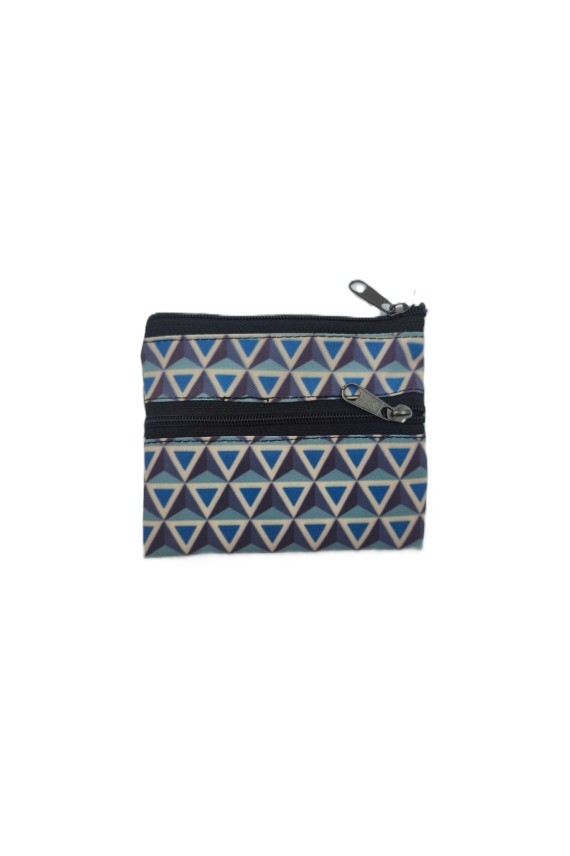 Monederos compactos de tela con estampado geométrico de triángulos en varios colores y diseño con doble cremallera.