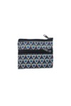 Monederos compactos de tela con estampado geométrico de triángulos en varios colores y diseño con doble cremallera.