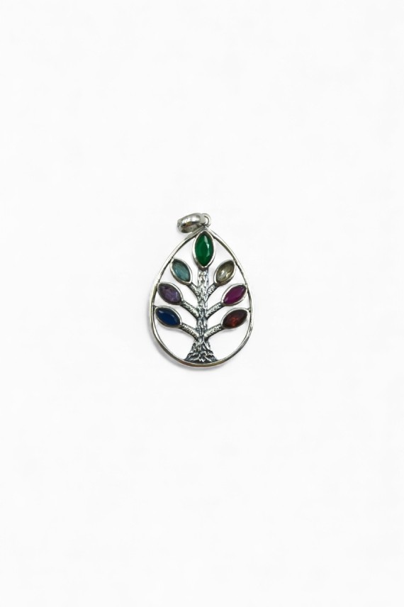 "Colgante de plata de ley con Árbol de la Vida ovalado y 7 circonitas de chakras, joya artesanal Samarkanda."