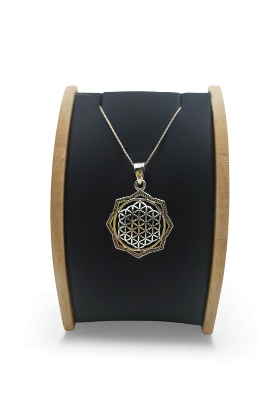 "Colgante de plata de ley con diseño calado de la Flor de la Vida tallada a mano, joya artesanal Samarkanda."
